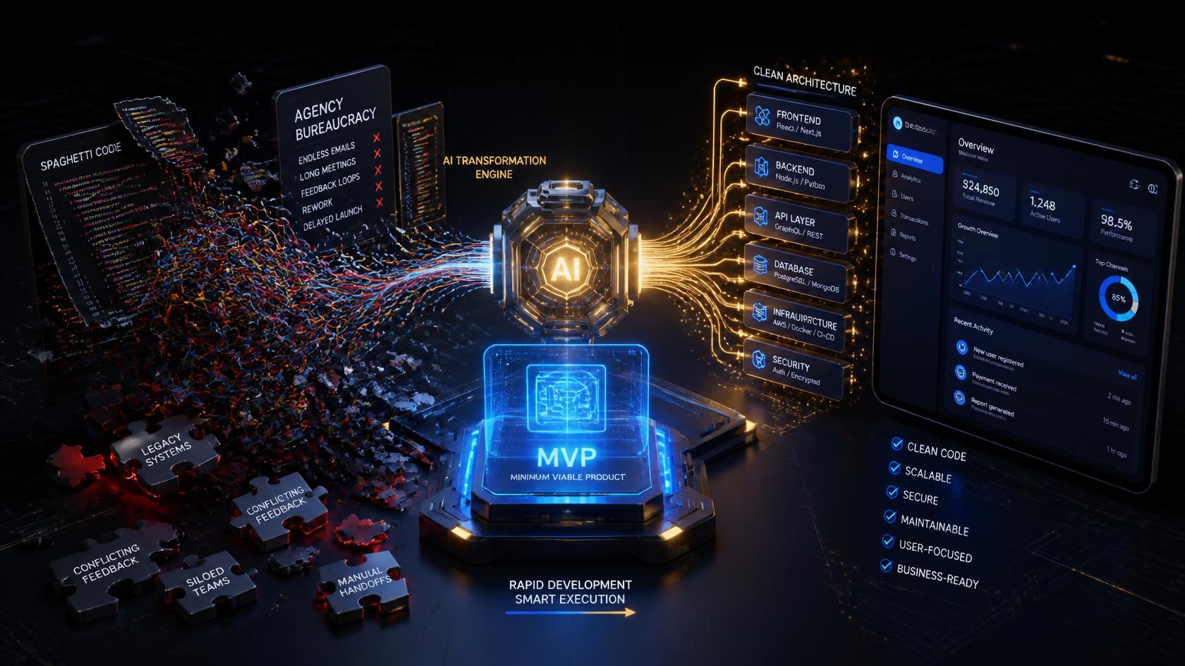 Left to right: fragmented code, agency bureaucracy, siloed teams and manual handoffs; a transformation engine in the centre; on the right a clean architecture — frontend, backend, API, database, infrastructure, security — and the product live on a dashboard.