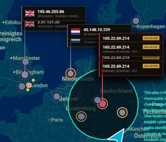 Surveillance map on a dark base: geolocated IP addresses across Europe with their number of access attempts, nearby nodes clustered, a stream of malware events by address and autonomous system, and a written analysis generated for the selected area.